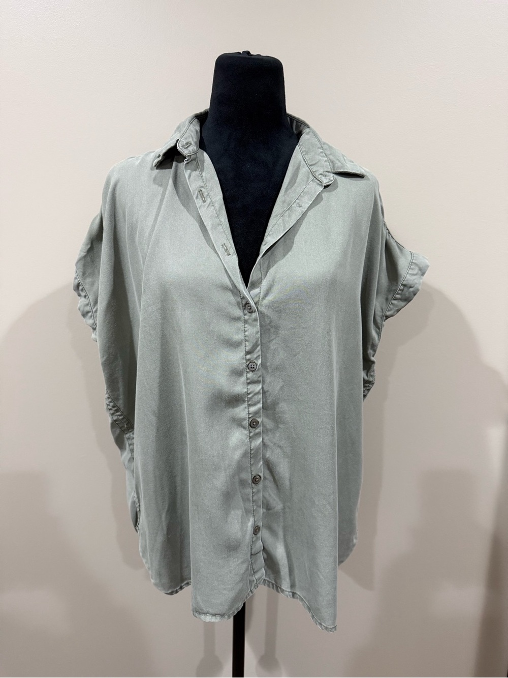 Quince Vintage Wash Tencel Lyocell Camp Short Sleeve Shirt Olive Green Size L